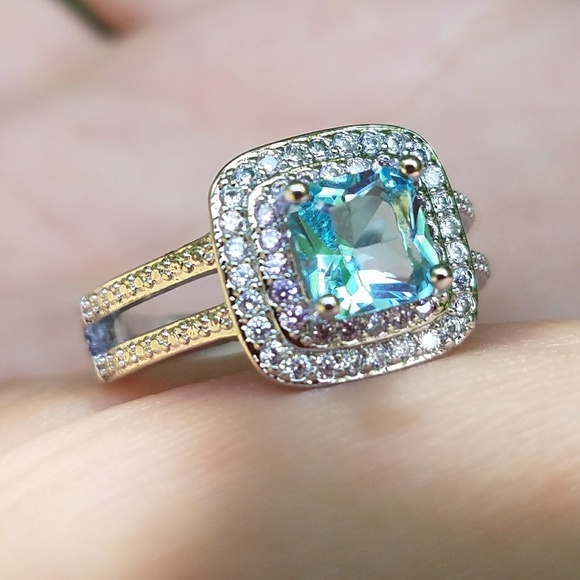 NEW Silver Blue Princess Cut Double Pink Halo Ring - Picture 2 of 5